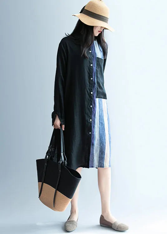 Black Low High Design Striped Linen Long Shirt Spring