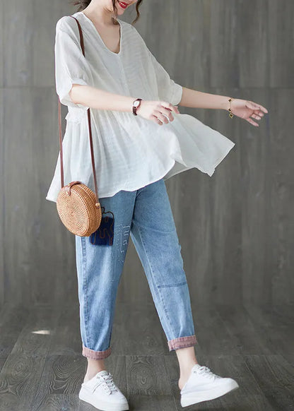 White V Neck Ruffled Tank Tops Short Sleeve