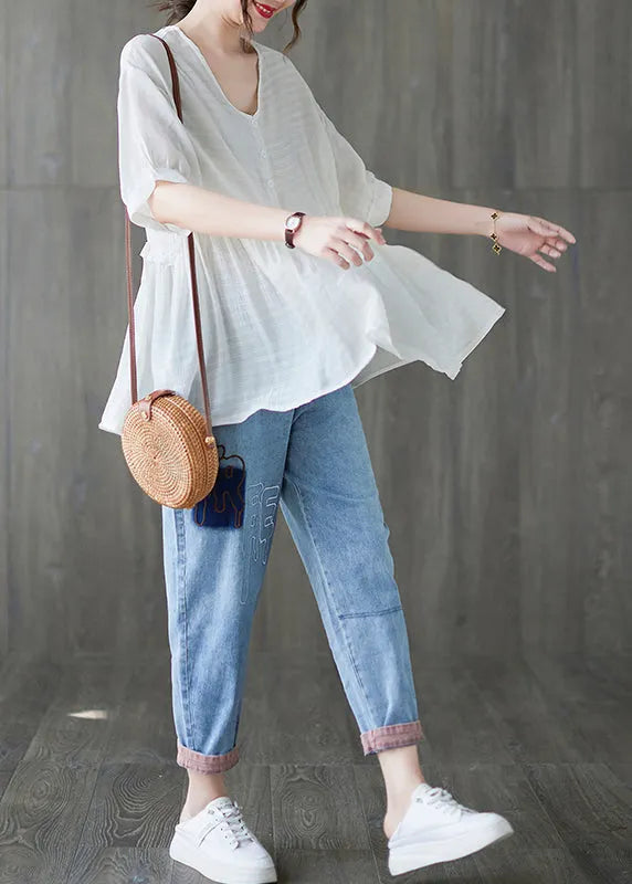 White V Neck Ruffled Tank Tops Short Sleeve