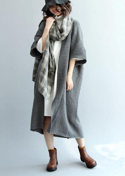 Dark Gray Bat Wing Sleeve Pockets Fall Knitwear Coat