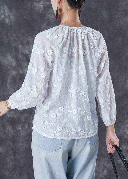 White Embroideried Lace Up Cotton Tops Fall