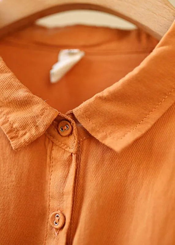Orange Peterpan Collar Button Pockets Fall Long Sleeve Blouse Top
