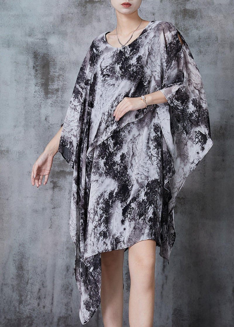 Organic Grey Asymmetrical Ink Wash Painting Chiffon Dress Summer