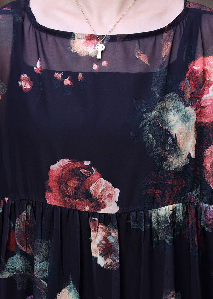 Black Wrinkled Print Chiffon Long Dress and Dress Spaghetti Strap Two Piece Suit Set Summer