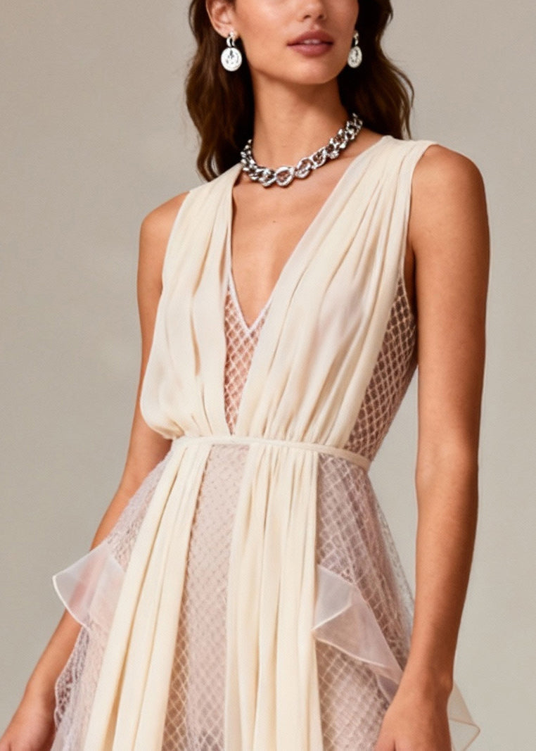 Beige V Neck Patchwork Mesh Long Dress Summer