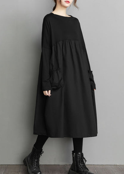 Organic Black Patchwork Wrinkled Pockets Cotton Dresses Spring