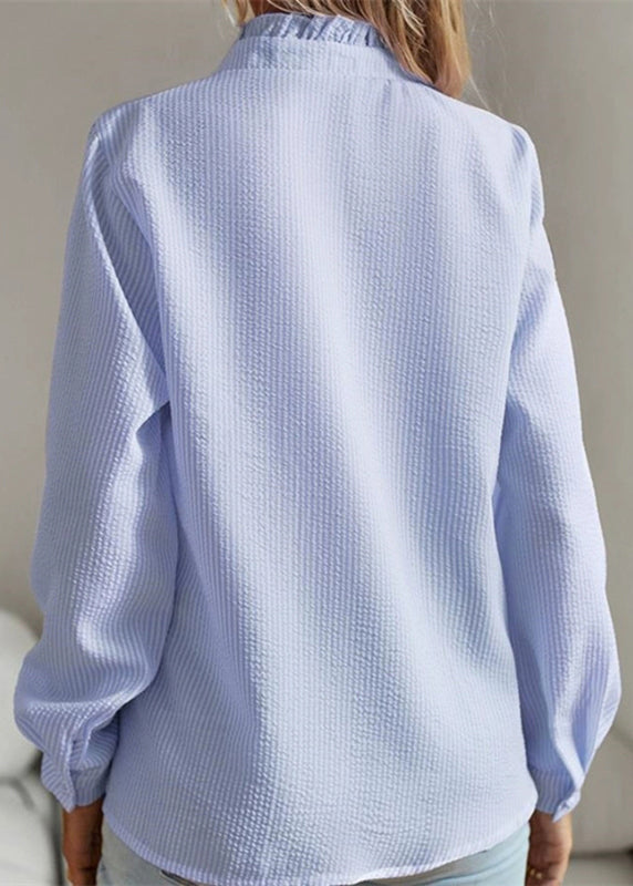Blue Shirt Ruffled Patchwork Puff Sleeve Fall
