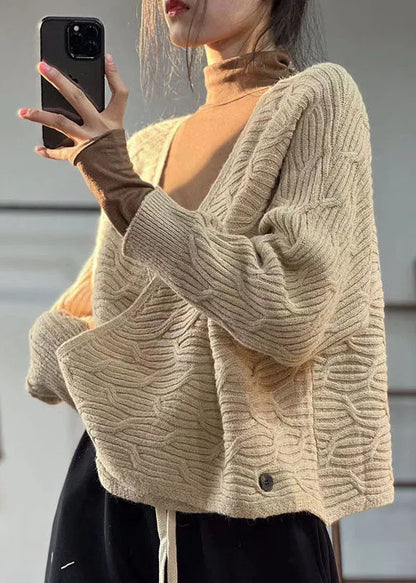 Beige V Neck Oversized Original Design Knit Sweater Winter