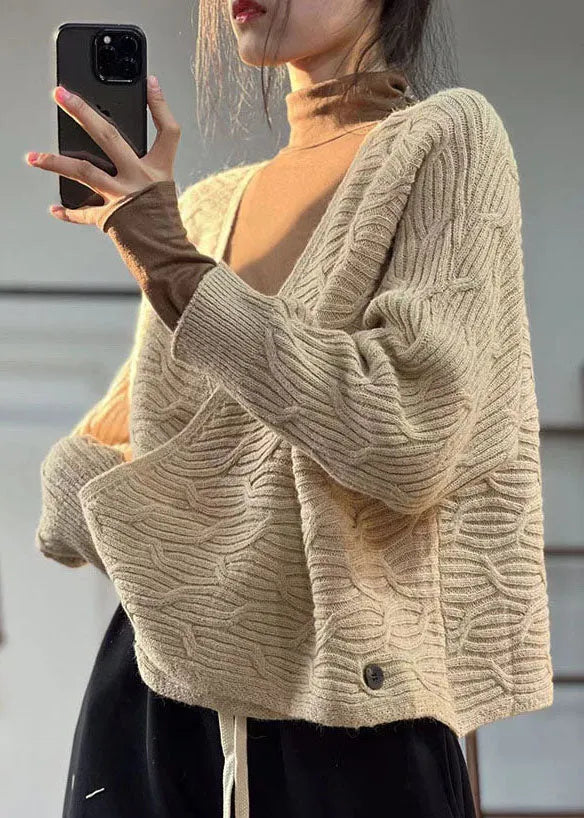 Beige V Neck Oversized Original Design Knit Sweater Winter