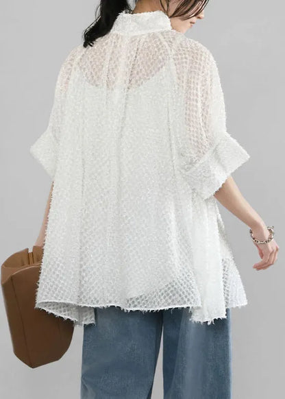 White Hollow Out Tulle a Line Tops Stand Collar Summer