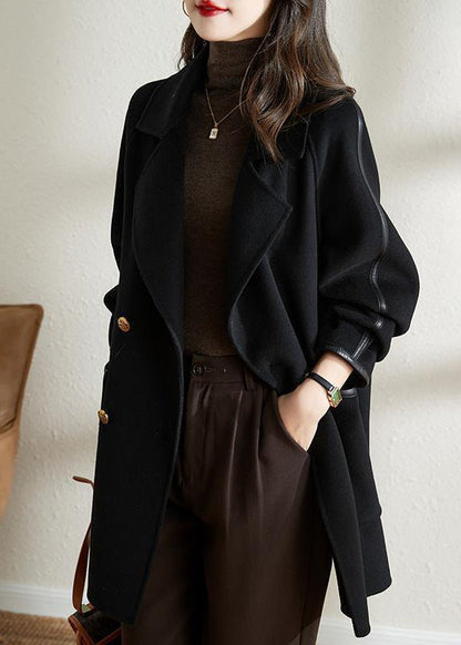 Black Double Breast Patchwork Woolen Coat Outwear Fall