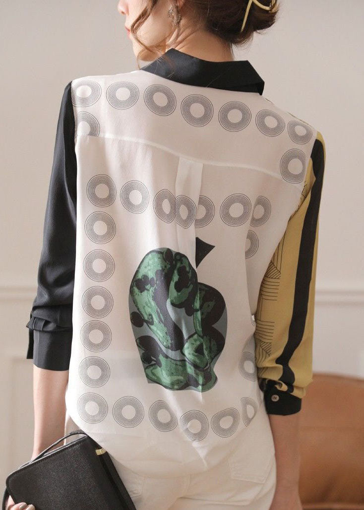 Colorblock Peter Pan Collar Button Print Silk Shirt Spring