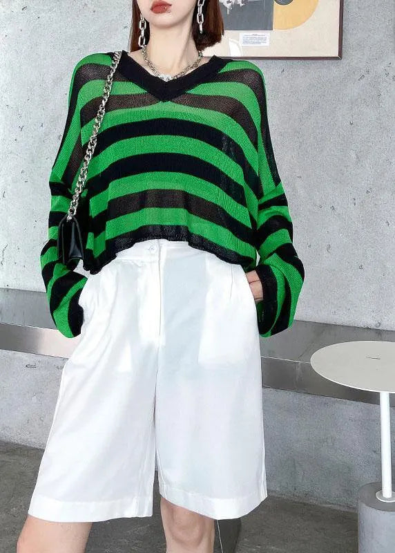 Green Striped V Neckknit Fabric Shirt Summer