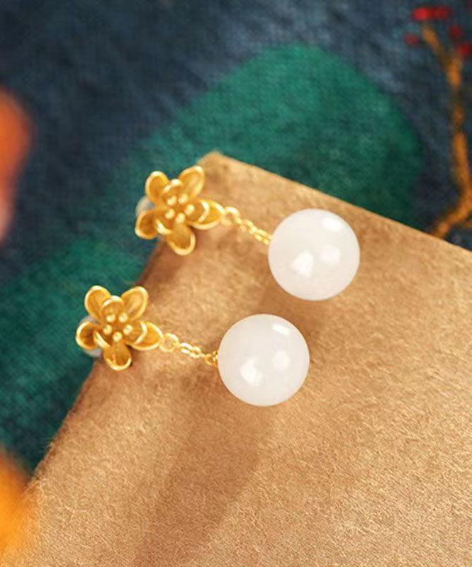 Skinny White Ancient Gold Jade Drop Earrings