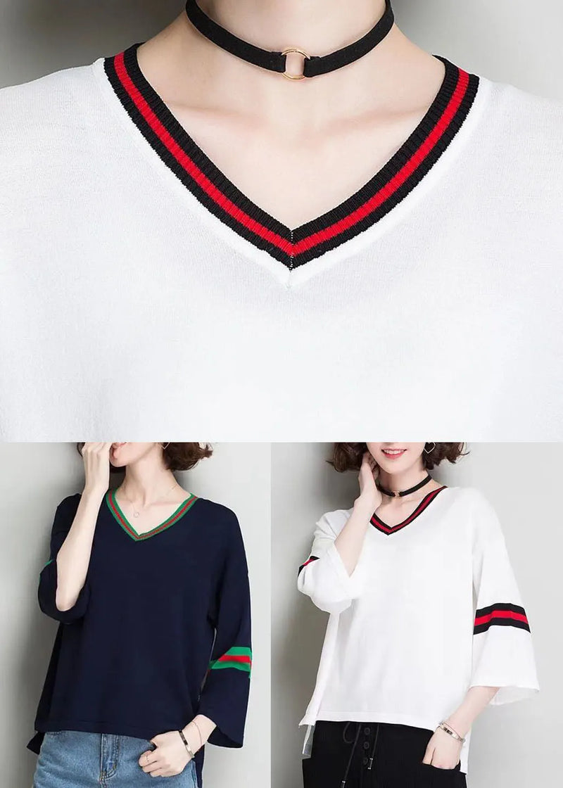 White V Neck Oversized Knit Tops Bracelet Sleeve