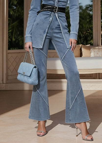Blue V Neck Patchwork Denim Two Pieces Set Spring