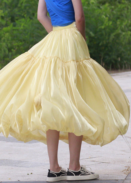 Yellow Zippered Silk Skirts High Waist Summer