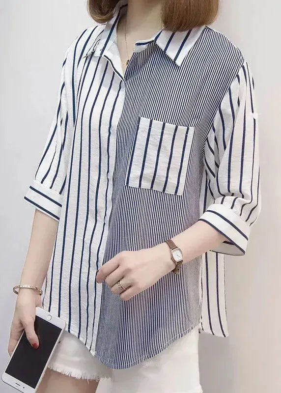 Blue Peter Pan Collar Striped Cotton Shirt Top Bracelet Sleeve