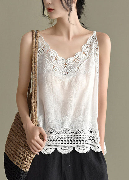 Handmade White Lace Patchwork Cotton Spaghetti Strap Tops Summer