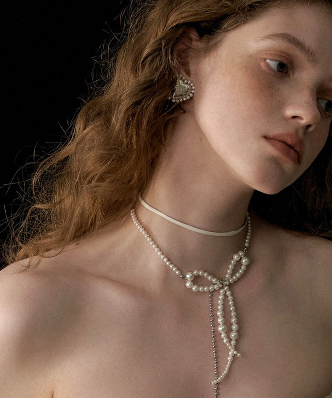 White Alloy Pearl Bow Chain Tassel Double Pendant Necklace