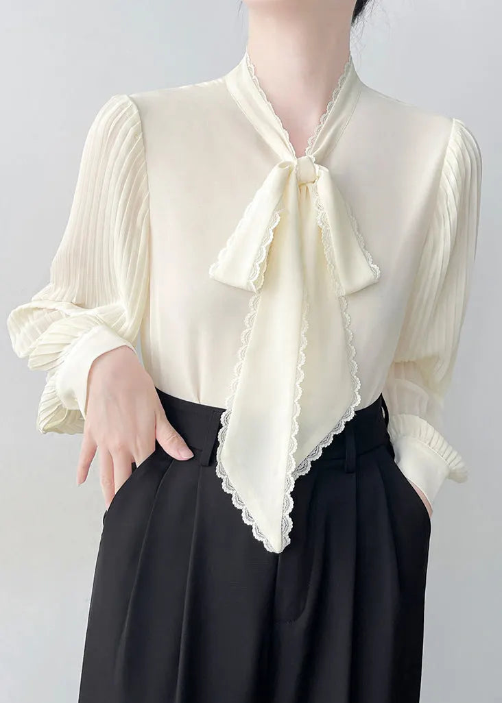 Apricot Draping Chiffon Blouses Bow Wrinkled Spring