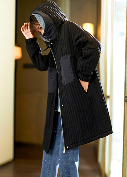 Dark Green Zippered Hooded Pockets Fine Cotton Filled Coat Winter