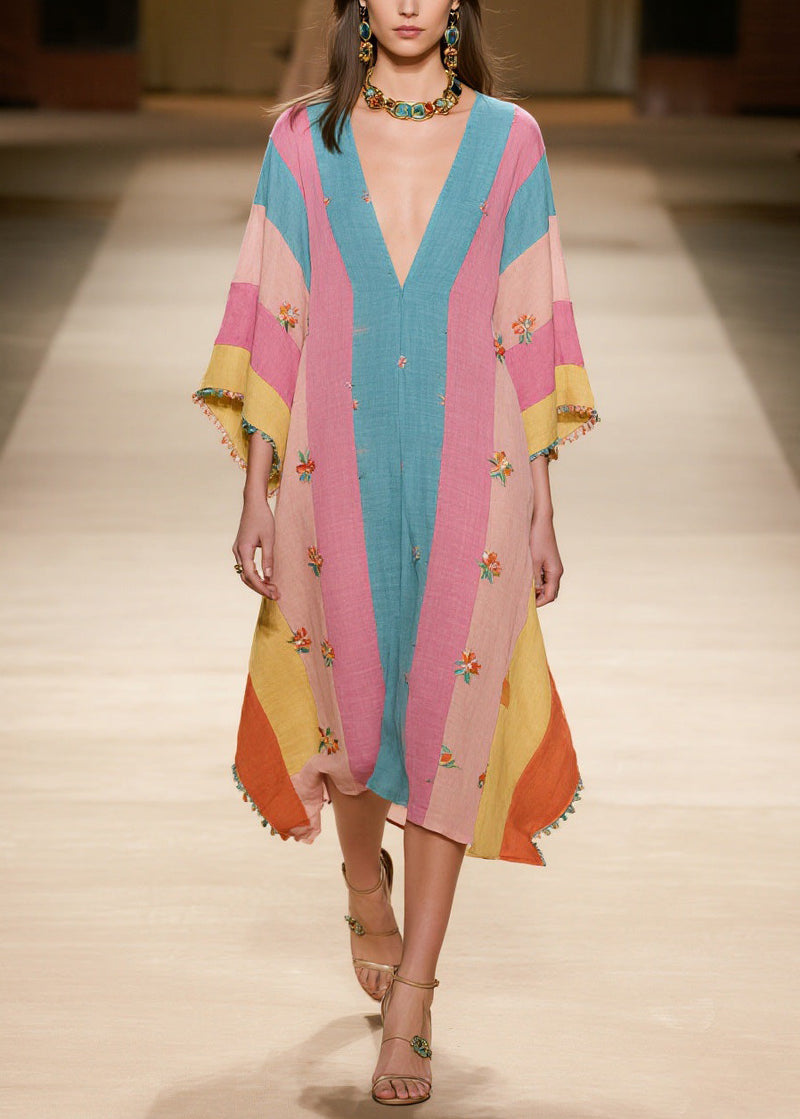 Colorblock V Neck Print Cotton Dress Summer