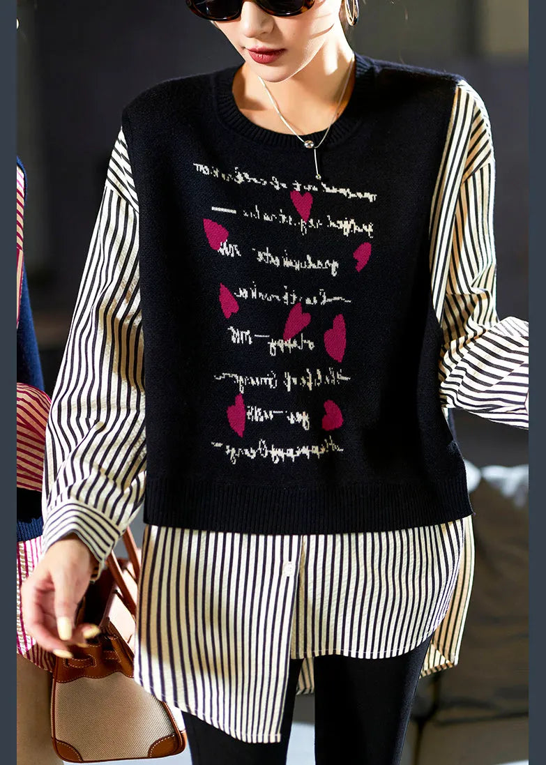 Navy Striped Patchwork False Two Pieces Cotton Blouse Long Sleeve