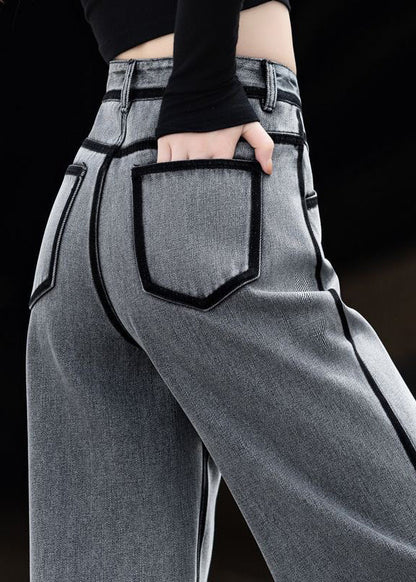 New Grey Pockets Striped Patchwork Denim Pants Spring