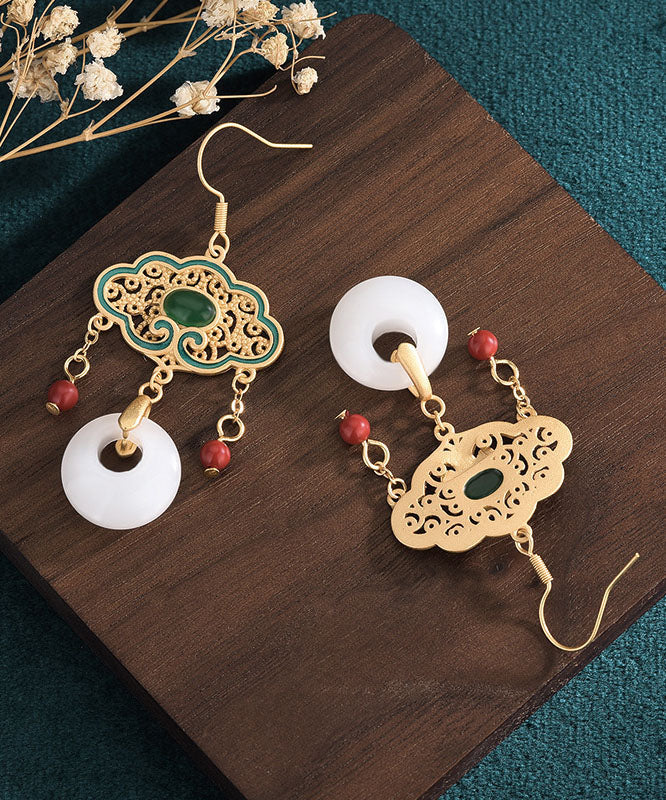 White Alloy Inlaid Gem Stone Jade Cloisonne Enamel Tassel Ping Buckle Drop Earrings