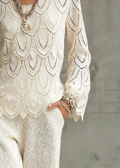 Novelty Beige Hollow Out Lace Tops Spring
