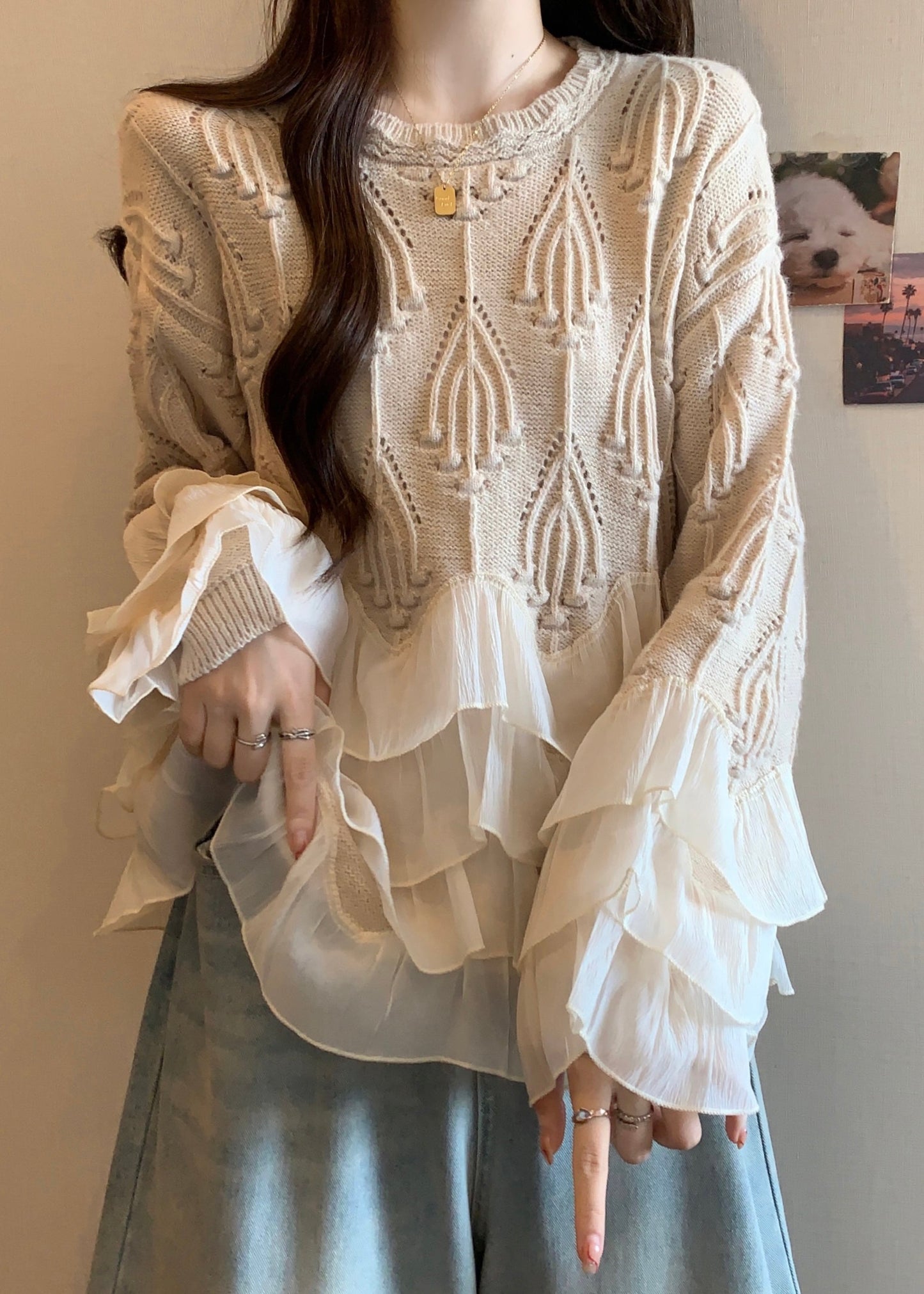 Apricot Ruffled Patchwork Knit Sweater Tops Fall