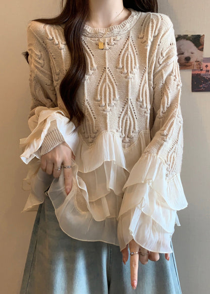Apricot Ruffled Patchwork Knit Sweater Tops Fall