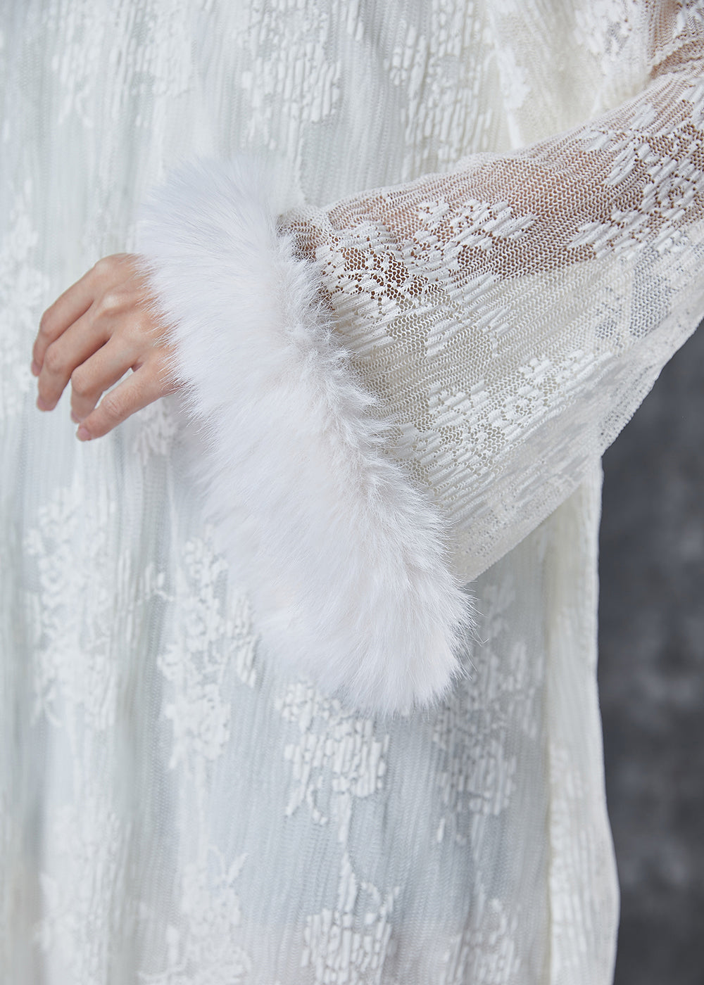 White Embroidered Patchwork Mink Hair Lace Dresses Spring