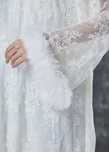 White Embroidered Patchwork Mink Hair Lace Dresses Spring