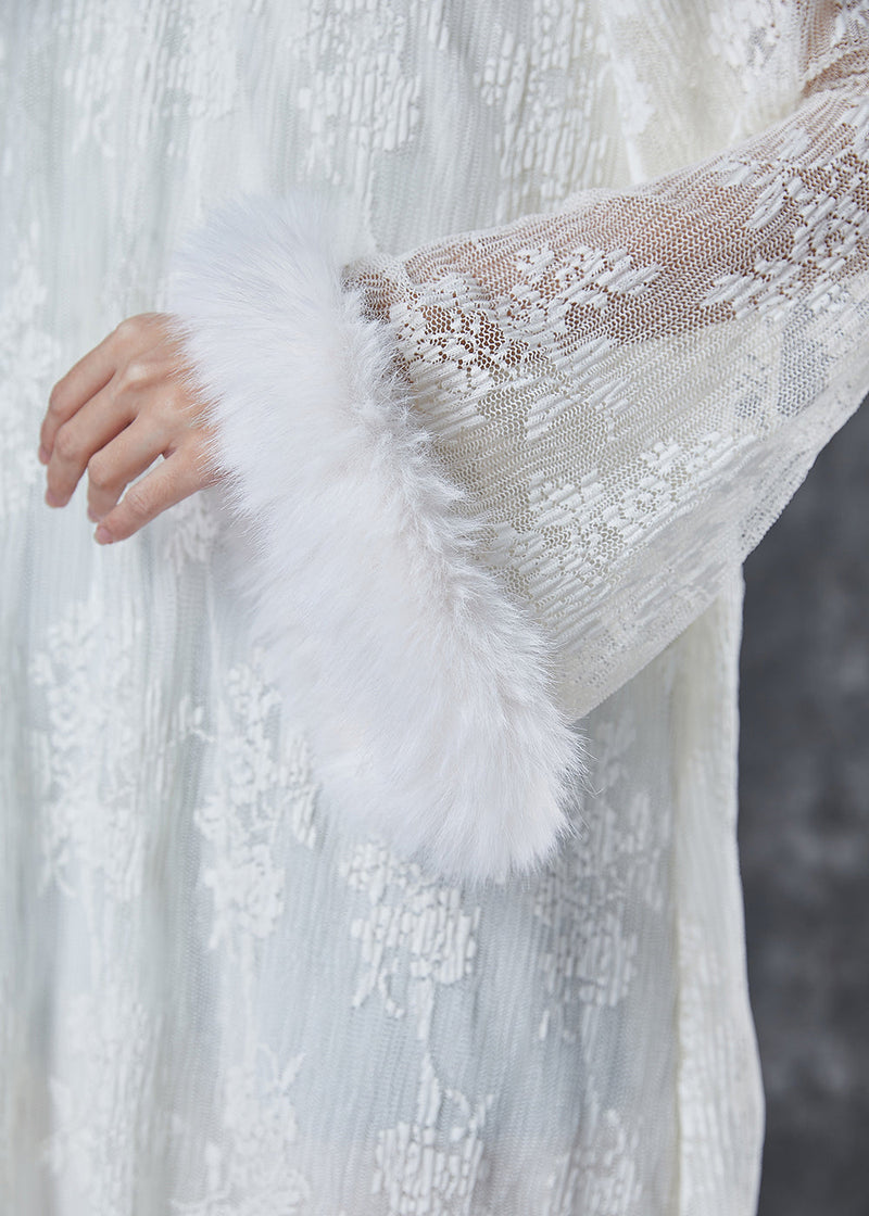White Embroidered Patchwork Mink Hair Lace Dresses Spring