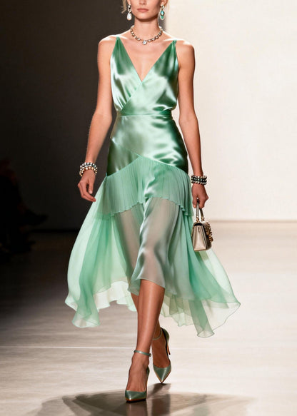 Green Ruffled Patchwork Chiffon Spaghetti Strap Dress Summer