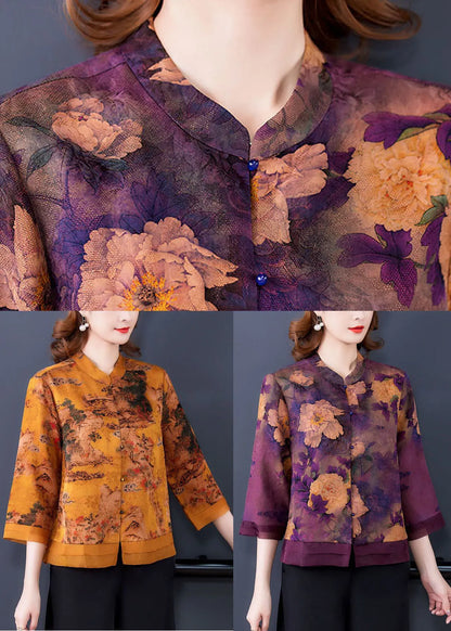 Yellow Stand Collar Print Silk Blouse Tops Bracelet Sleeve