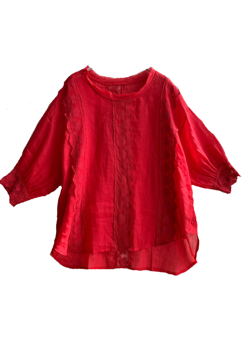Red Patchwork Lace Linen Loose Tops O-neck Bracelet Sleeve
