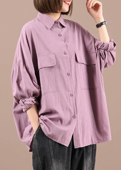 Purple Peterpan Collar Button Pockets Fall Shirt Long Sleeve