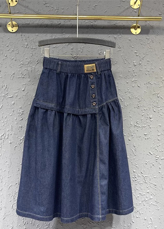 Loose Denim Blue Patchwork Button Elastic Waist a Line Skirt Summer