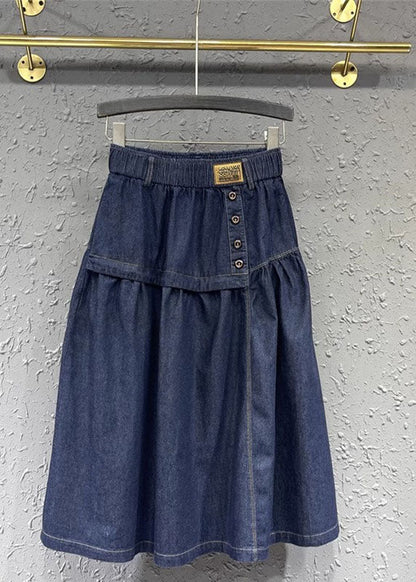 Loose Denim Blue Patchwork Button Elastic Waist a Line Skirt Summer