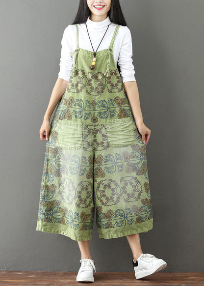 French Green Pockets Print Wide Leg Jumpsuit Spring