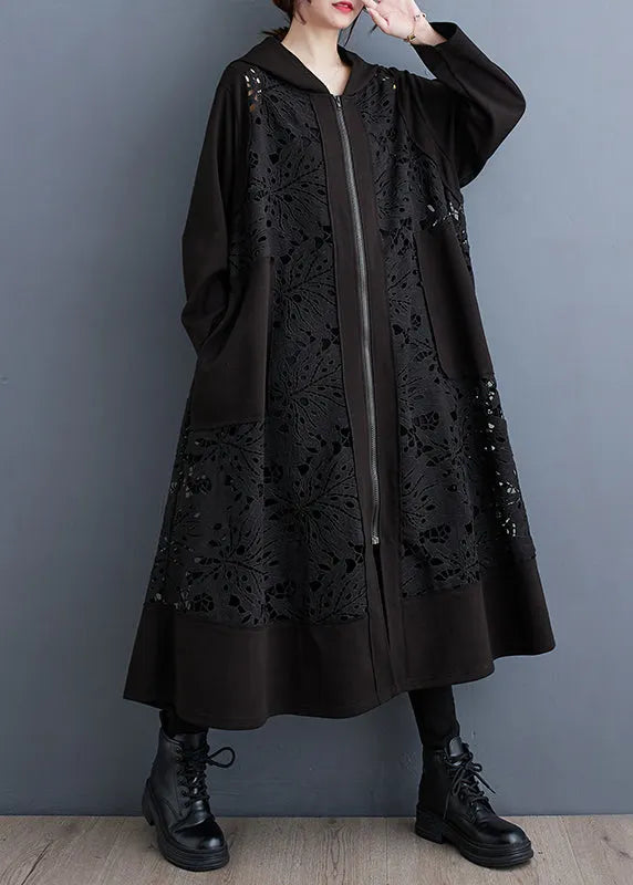 Black Oversized Patchwork Hollow Out Cotton Coat Spring
