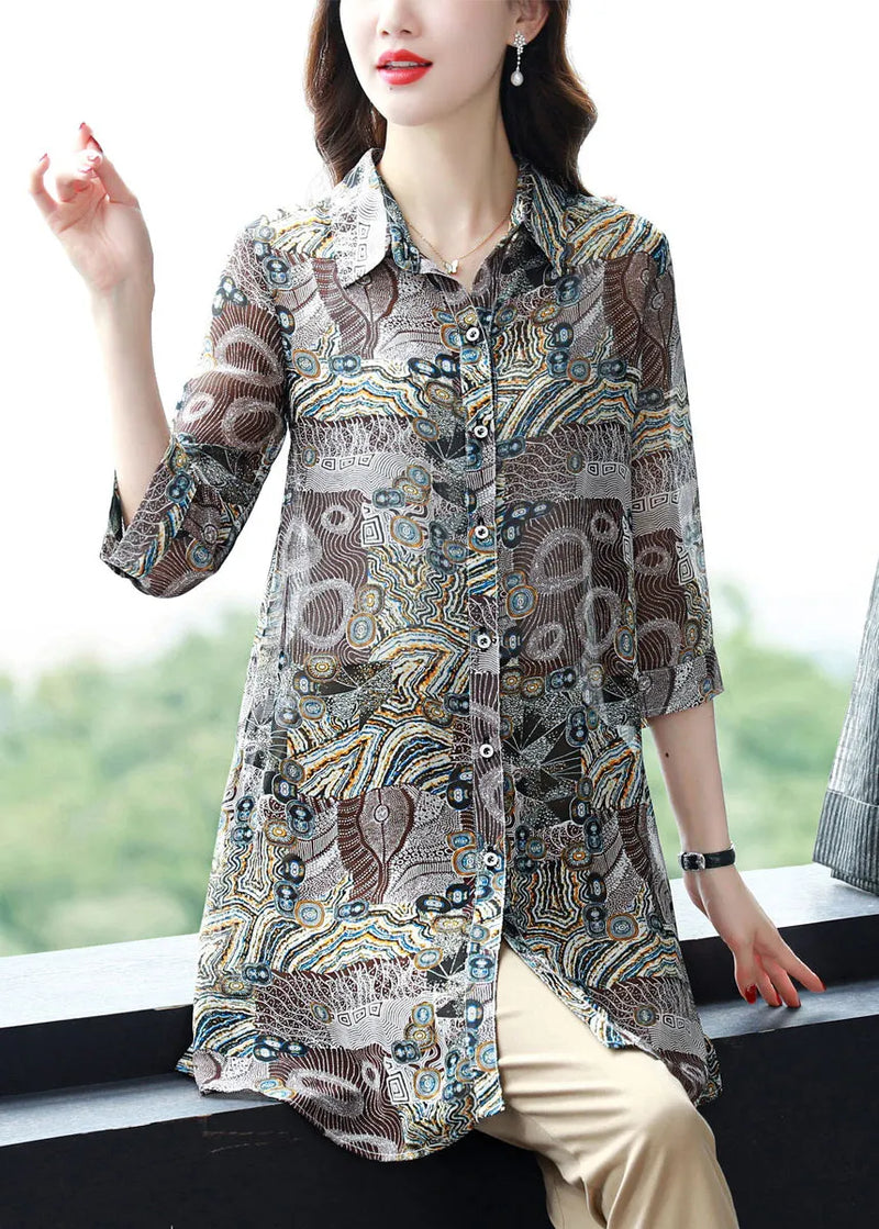 Button Peter Pan Collar Print Chiffon Blouse Tops Three Quarter Sleeve
