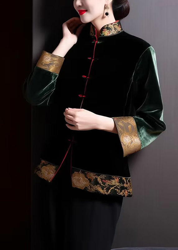 Loose Blackish Green Embroideried Button Silk Coats Long Sleeve