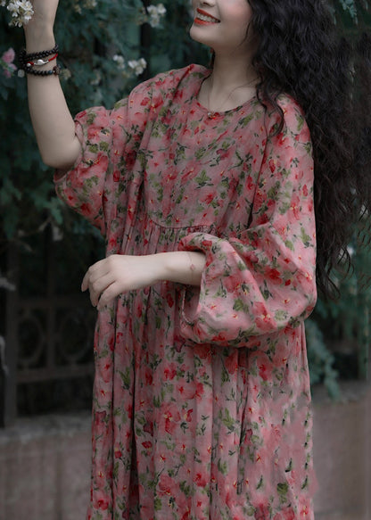 French O-neck Print Wrinkled Cotton Dresses Spring