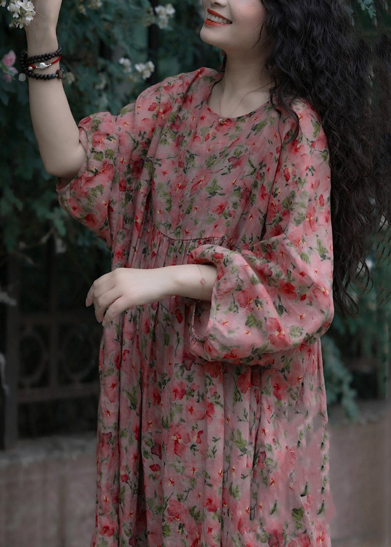 French O-neck Print Wrinkled Cotton Dresses Spring