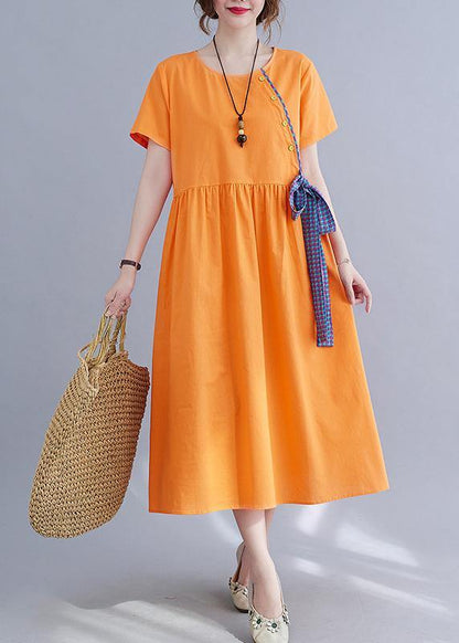 French Orange Patchwork Button Party Summer Cotton Linen Dress