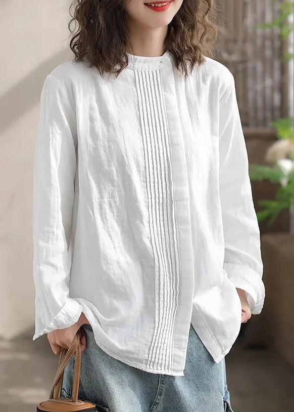 Loose Khaki Stand Collar Wrinkled Cotton Shirts Top Spring